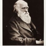 A black and white photograph of Charles Darwin in his later years. Pictured seated