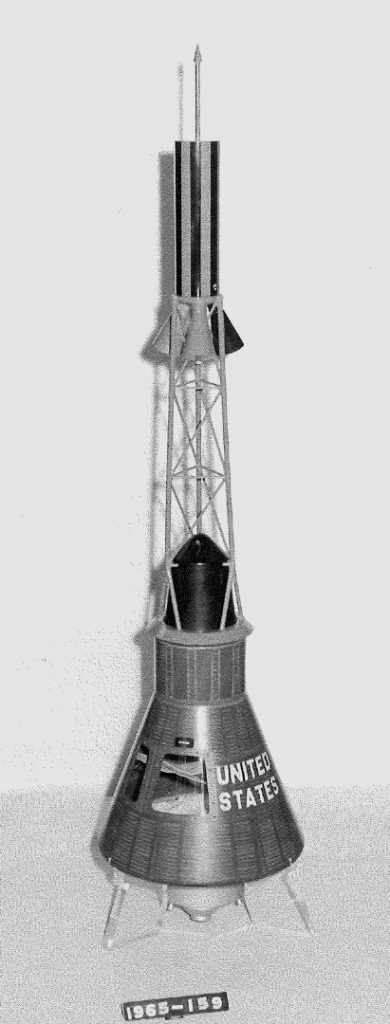 Black and white photograph of a model of the Mercury space capsule