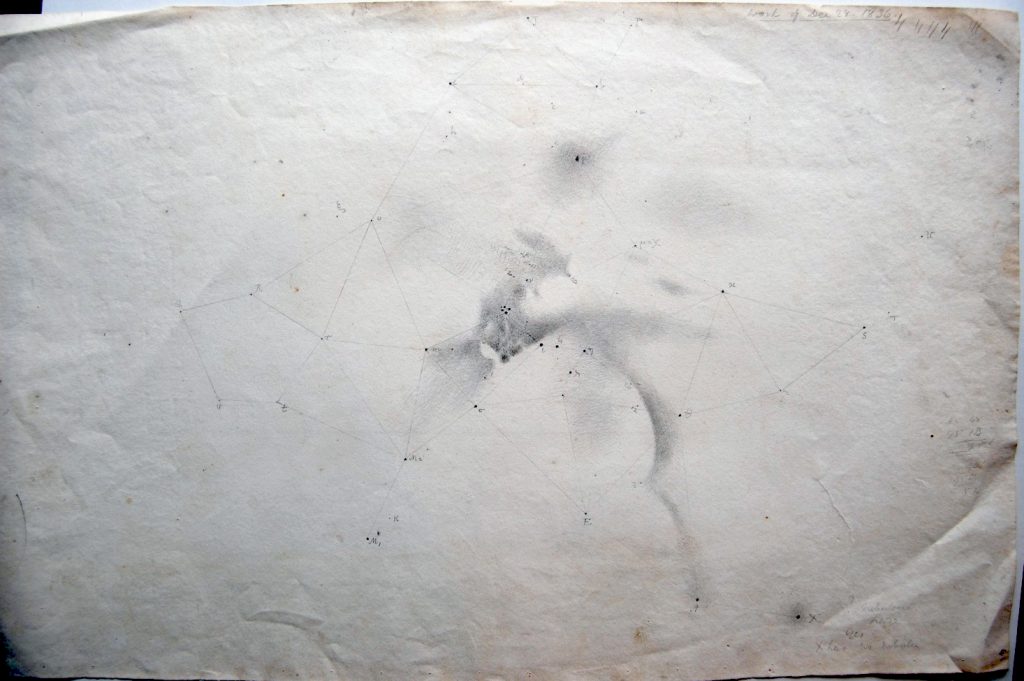 Pencil drawing of a star nebular showing shaded regions and connecting lines between stars