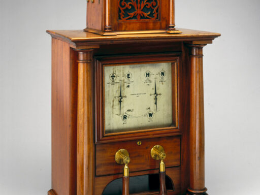 Colour photograph of Cooke and Wheatstone needle instrument from 1837 set in polished wood