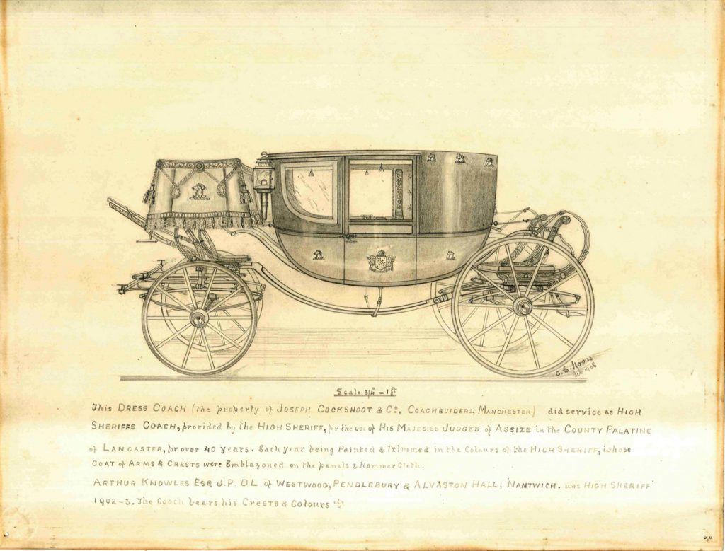 Pencil and ink drawing of a dress coach from the early twentieth century