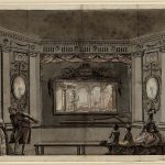 Coloured ink drawing depiction of a moving diorama around which 18th century figures are gathered to watch