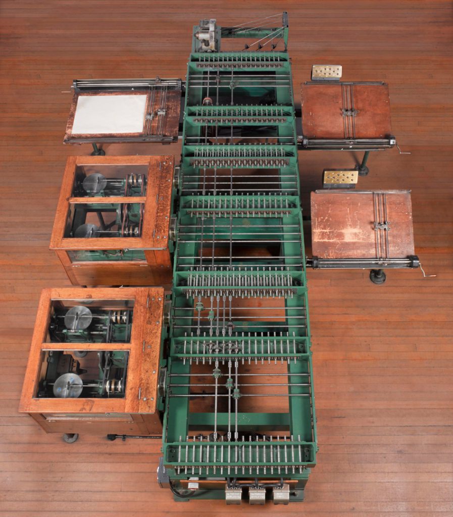Colour photograph of a differential analyser machine on display