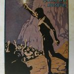 Poster showing a painting of Prometheus carrying a shining electric lightbulb