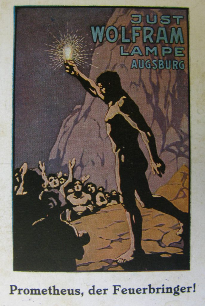 Poster showing a painting of Prometheus carrying a shining electric lightbulb