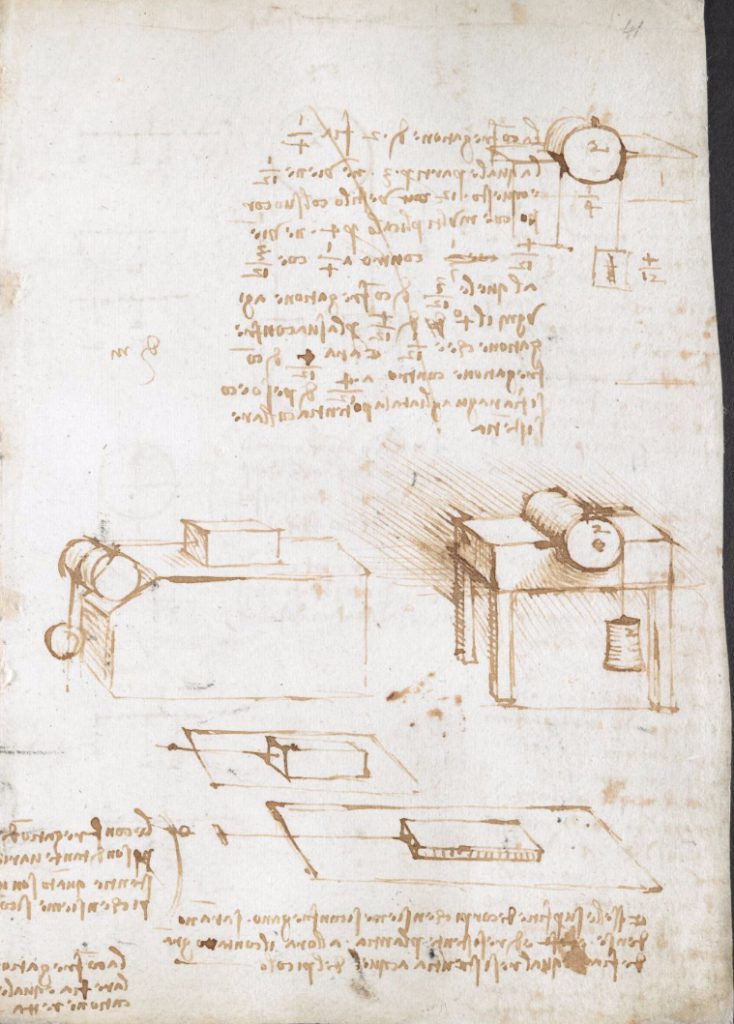 Colour photograph of a page of Leonardo da Vincis Codex Arundel sketch book