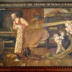 Painted wall mural depicting a man witnessing the transit of venus across the sun via a projection on paper from his telescope