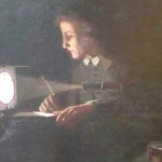 Oil painting of Jeremiah Horrocks witnessing the transit of Venus via a telescopic projection onto white paper