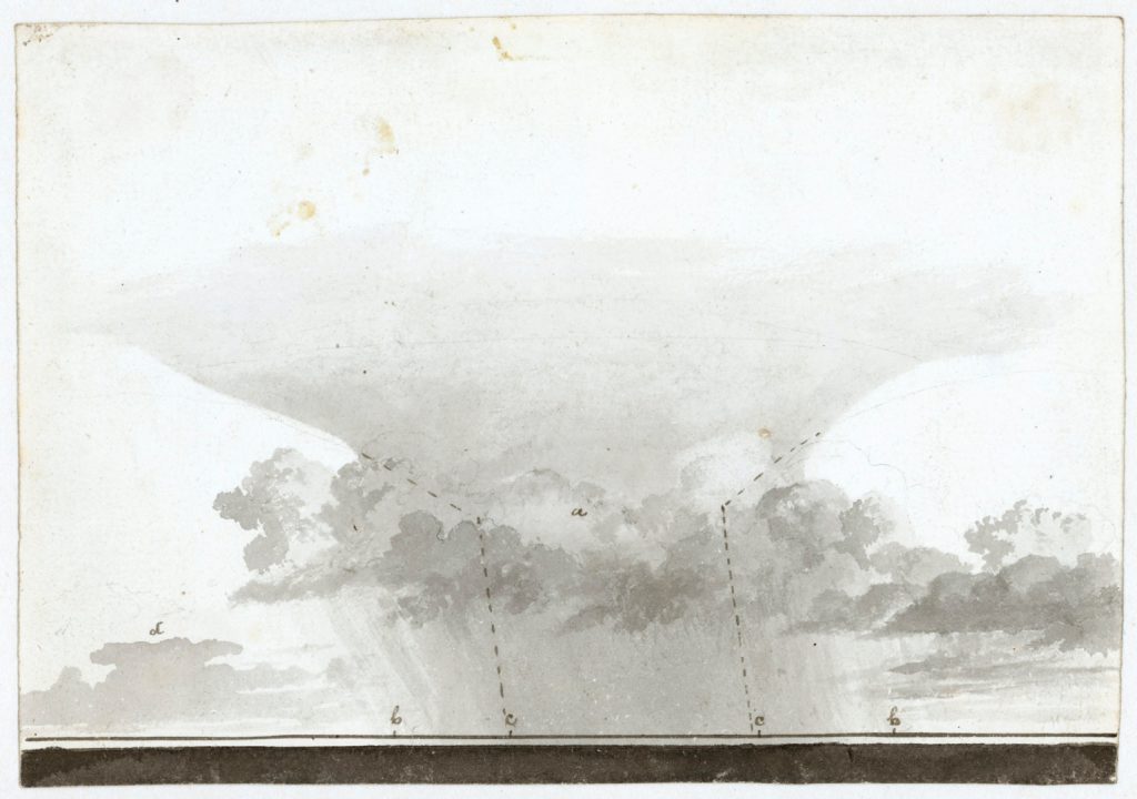 Grey watercolour painting of a cloud formation with pencilled lines and letters