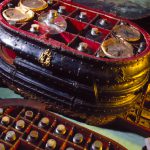 Close up colour photograph of an italian medicine chest from around 1560 with the lid and drawers open to show the original contents