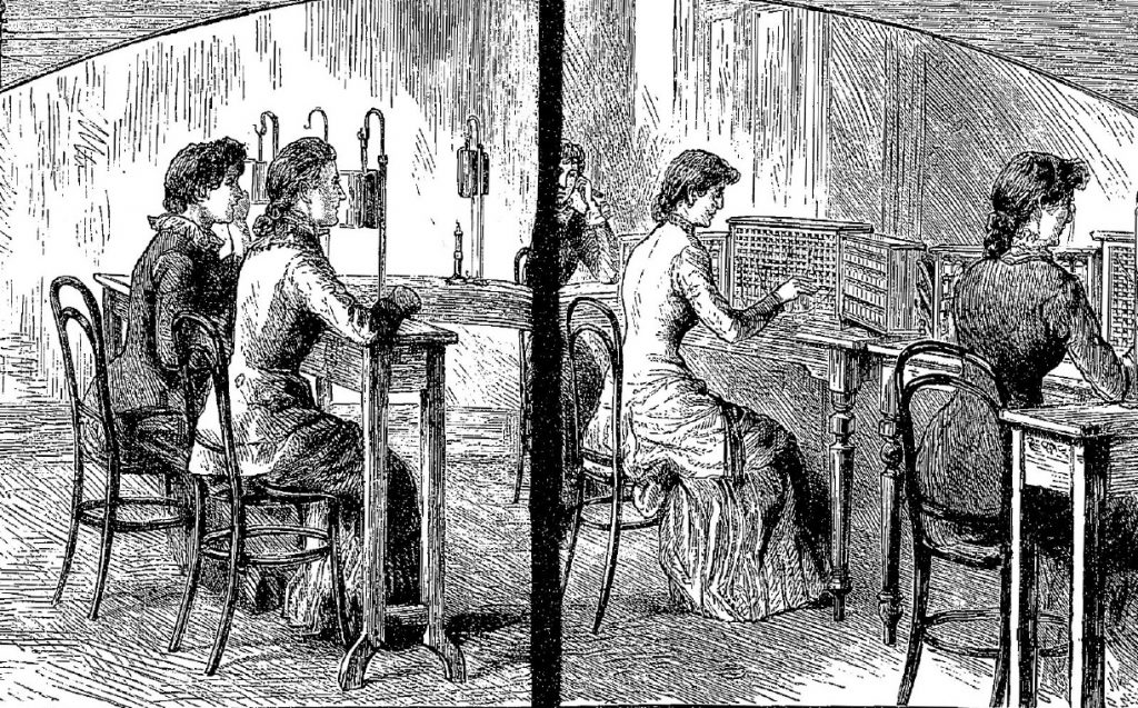 Black and white pen and ink drawing of several female operators at an early telephone switchboard