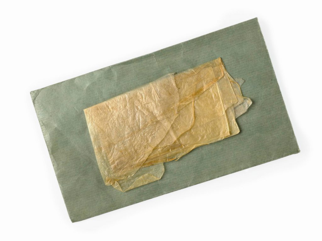 Colour photograph of a dried folded caul with envelope