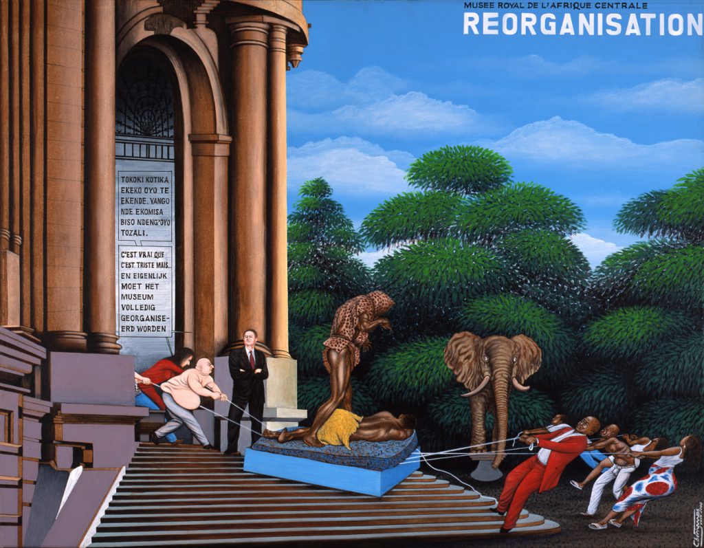 Oil painting depicting the struggle between a museum and a local population to retain cultural artefacts