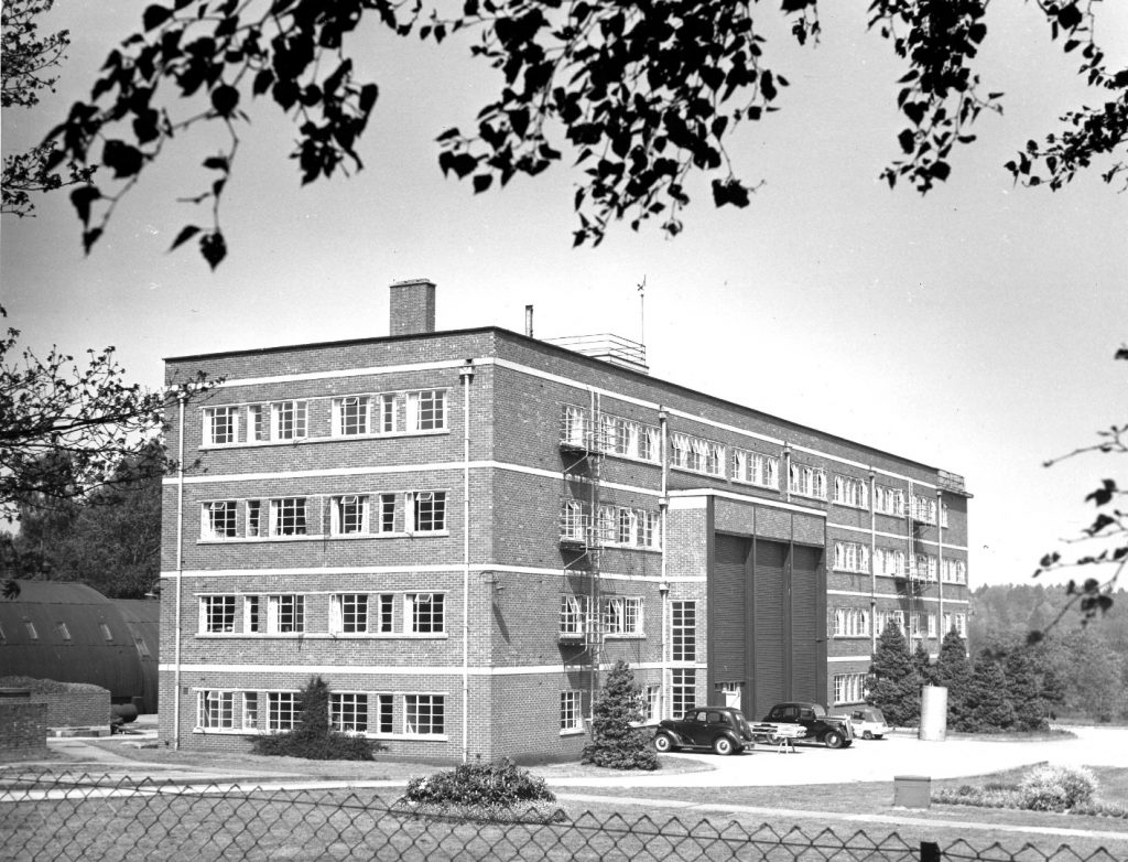 Black and white photograph of the National Institute of Oceanography building in 1953