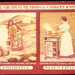 Magazine advertisement for a gas cooker showing a maori cooking at a hot spring next to a western woman cooking on a stove