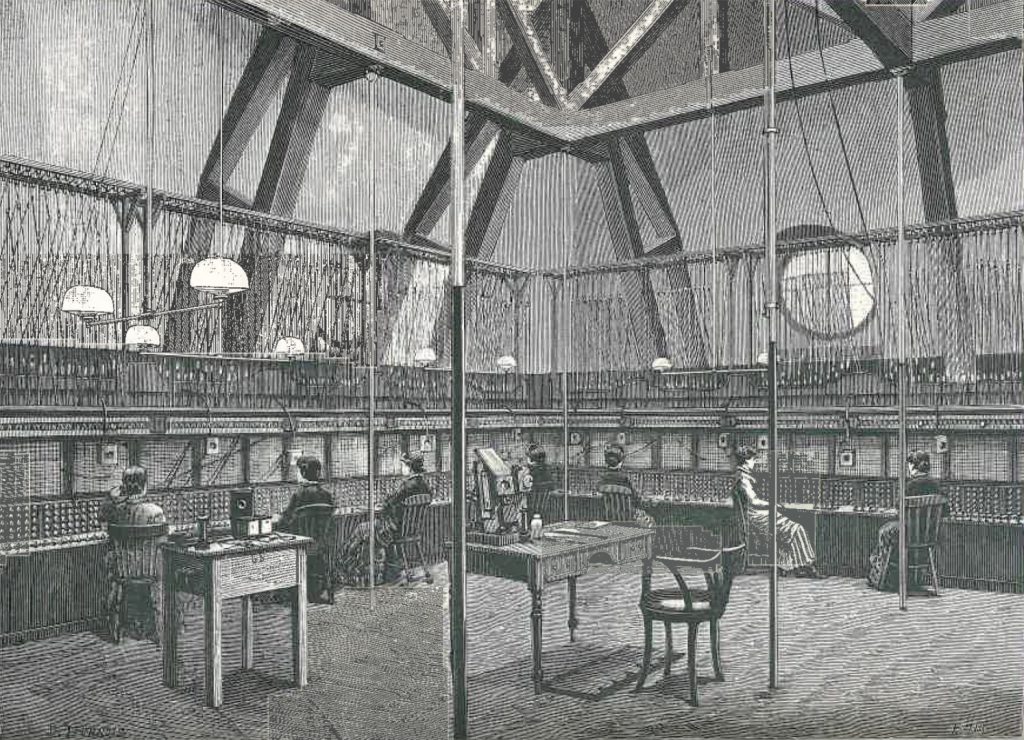 Black and white pen and ink drawing of several female operators at an early telephone switchboard