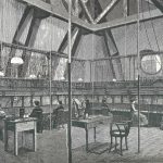 Black and white pen and ink drawing of several female operators at an early telephone switchboard