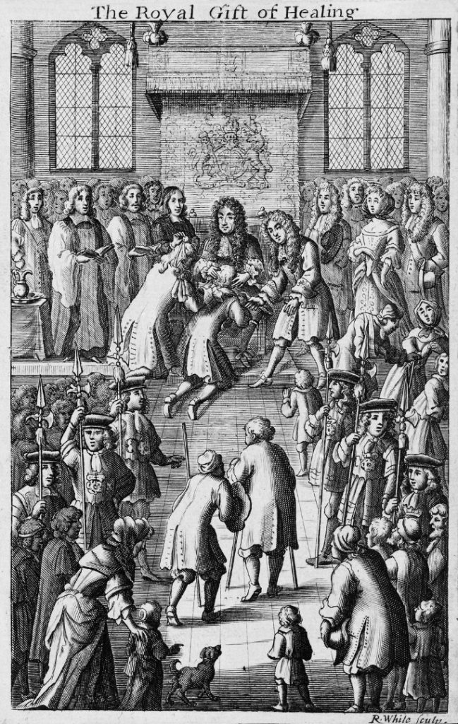 Black and white engraving showing a scene where King Charles Second attempts to cure subjects of scrofula