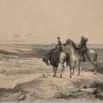 Black and white lithograph of a scene depicting Florence Nightingale on horseback looking over a graveyard