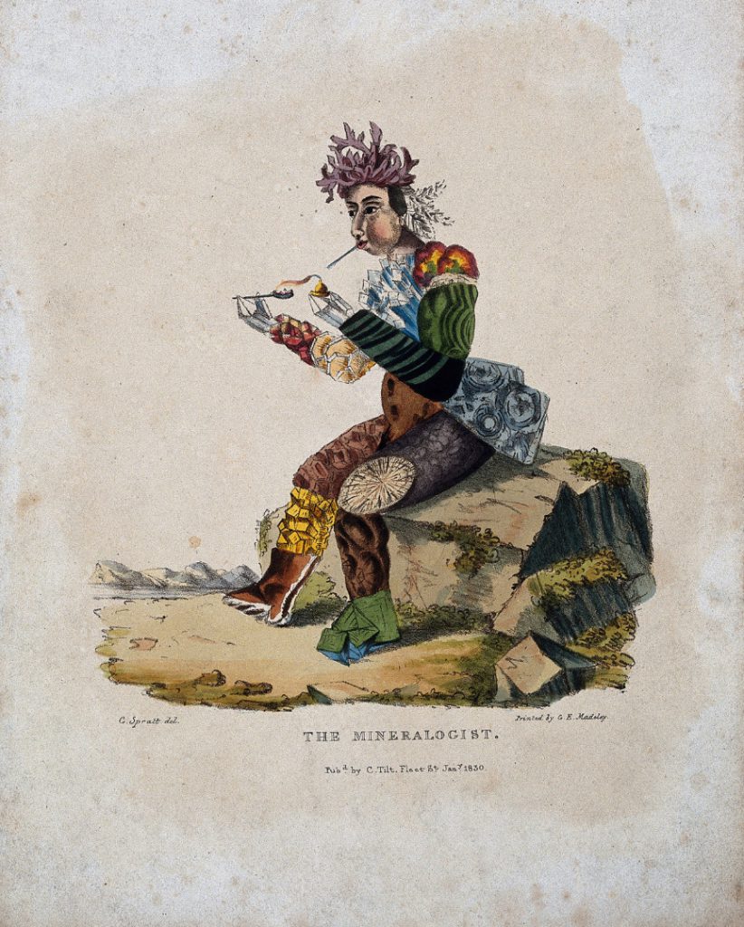 A hand coloured aquatint artwork entitled The Minerologist