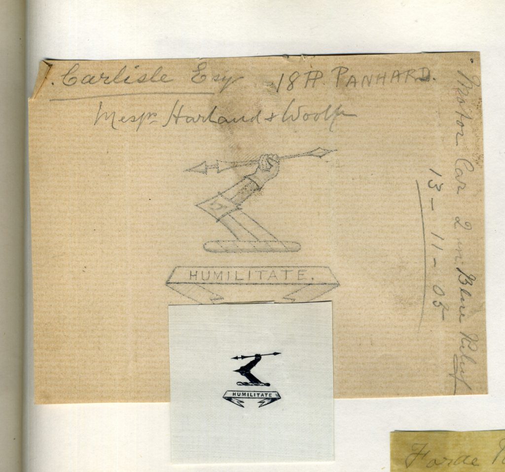 Pencil and ink drawings of a family crest design showing an arm holding a spear and the motto Humilitate