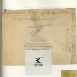 Pencil and ink drawings of a family crest design showing an arm holding a spear and the motto Humilitate