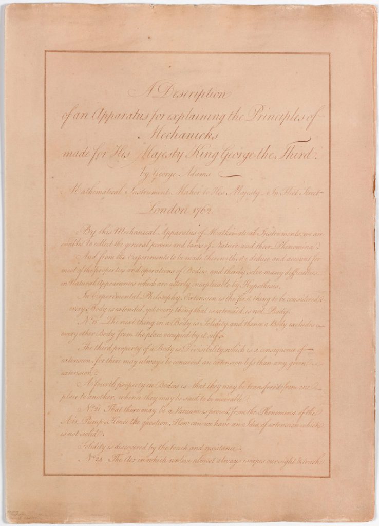 Page of a book displaying calligraphic writing describing an apparatus for explaining the principles of mechanics