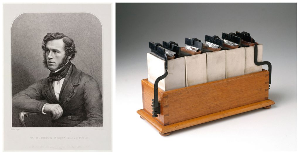 Lithograph depicting Sir William Robert Grove in the mid 1800s alongside a colour photograph of a Grove battery of five cells from 1895