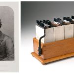 Lithograph depicting Sir William Robert Grove in the mid 1800s alongside a colour photograph of a Grove battery of five cells from 1895