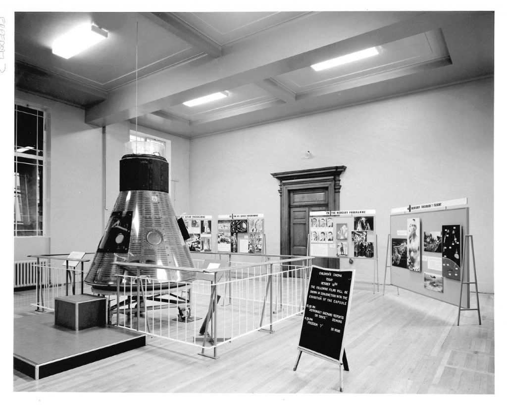 Black and white photograph of the Display of Space Conquest exhibition at the Science Museum