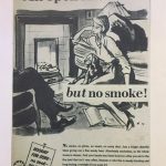 A magazine advertisement showing a couple and their dog around a living room fireplace. The caption reads an open fire but no smoke