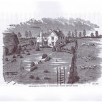 A black and white engraving of a scene showing a number of experimental rain gauges set in the grounds of a rectory