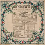 A commemorative and decorative poster from 1909 with information regarding the first flying week in England and a drawing of a monoplane