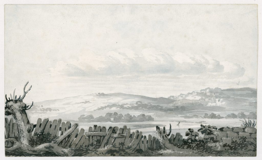 Grey and blue watercolour painting of a rural landscape and cloud formation