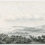 Grey and blue watercolour painting of a rural landscape and cloud formation