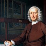 Oil painting portrait of John Harrison holding his marine chronometer