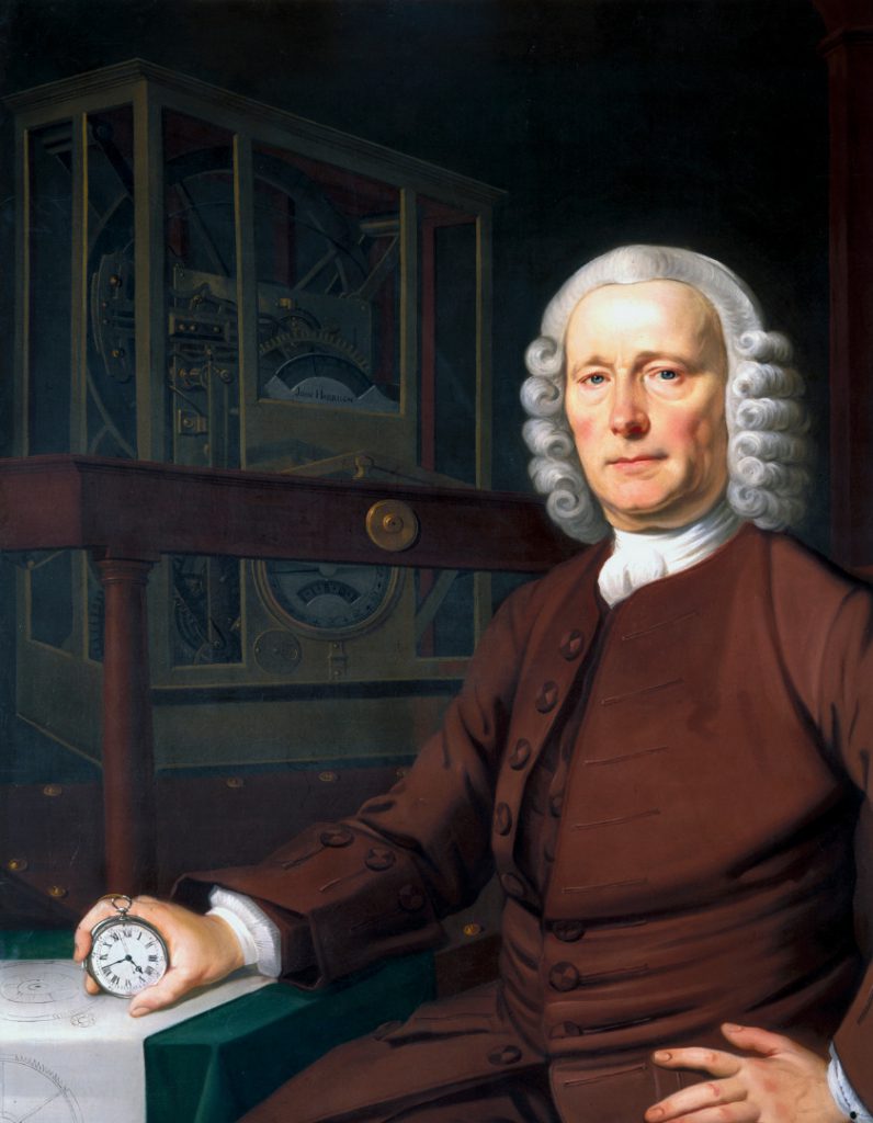 Oil painting portrait of John Harrison holding his marine chronometer