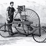 Engraving of a Coventry Rotary Tricycle with bellows camera fixed to the lateral bar from the late nineteenth century