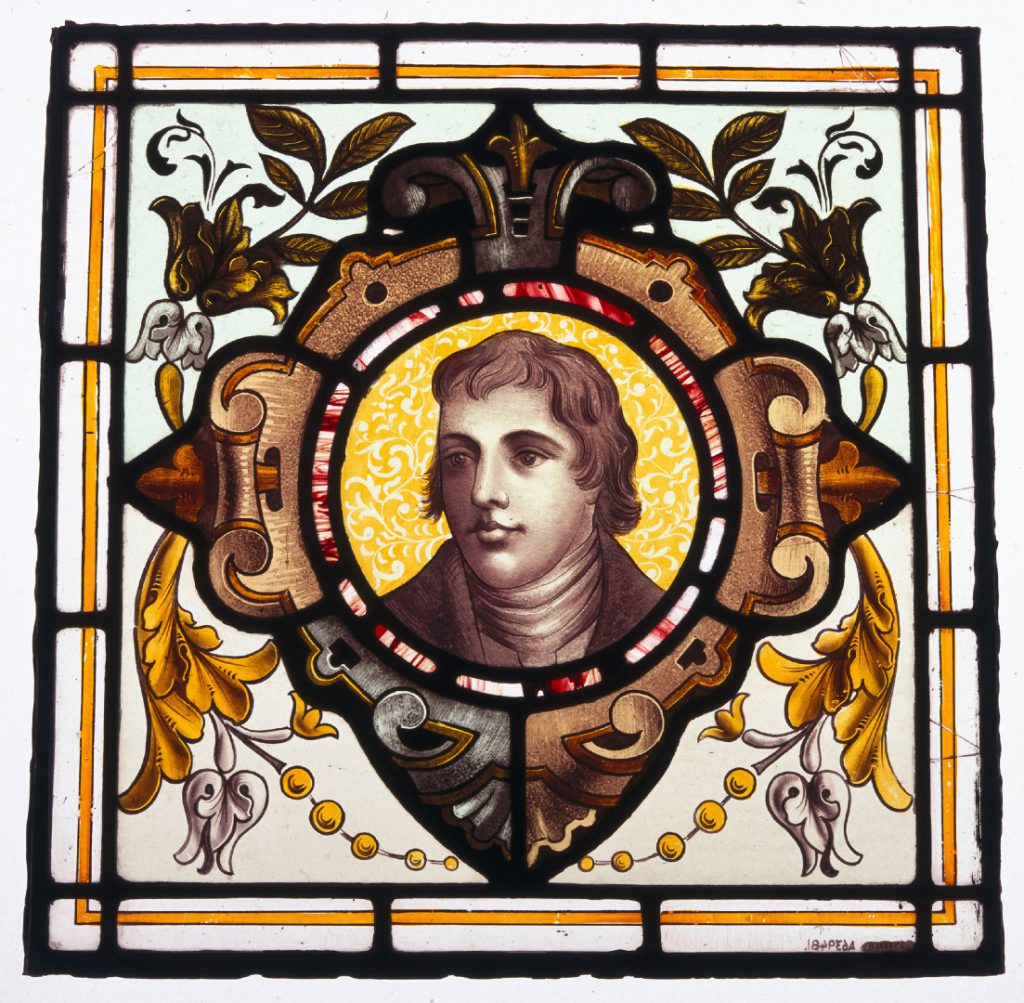 Decorative stained glass window pane portrait of Edward Jenner