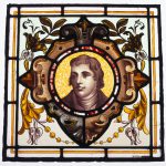 Decorative stained glass window pane portrait of Edward Jenner