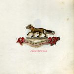 Pen and ink drawing of a family crest depicting a fox and a motto in latin