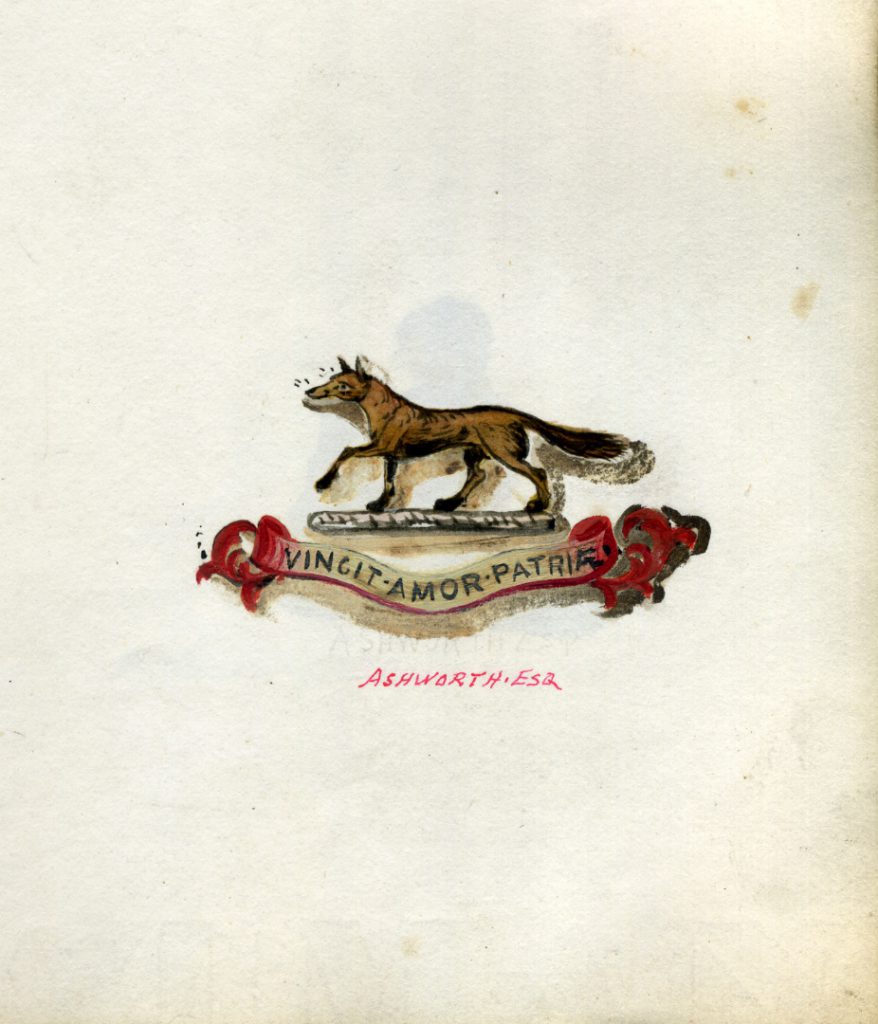 Pen and ink drawing of a family crest depicting a fox and a motto in latin