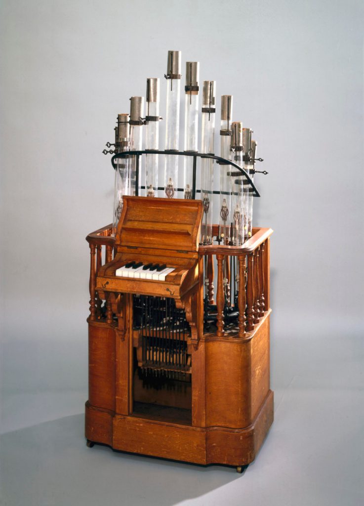 Colour photograph of a pyrophone musical instrument