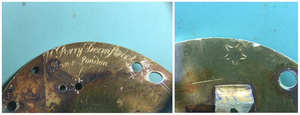 The pillar plate of the movement showing now-redundant holes where the dial and case fixings were attached, and the signature on the movement and the star punch-mark on the underside of the potence plate