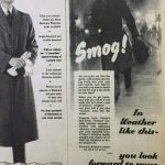 Newspaper advertisement for Ovaltine showing an Illustration of a man commuting in bad weather