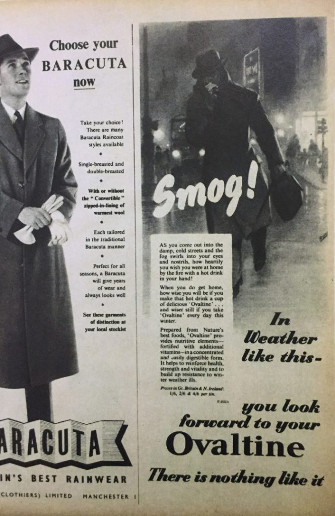 Newspaper advertisement for Ovaltine showing an Illustration of a man commuting in bad weather