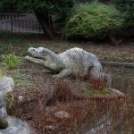 Colour photograph of a concrete Labryinthodon model from the nineteenth century