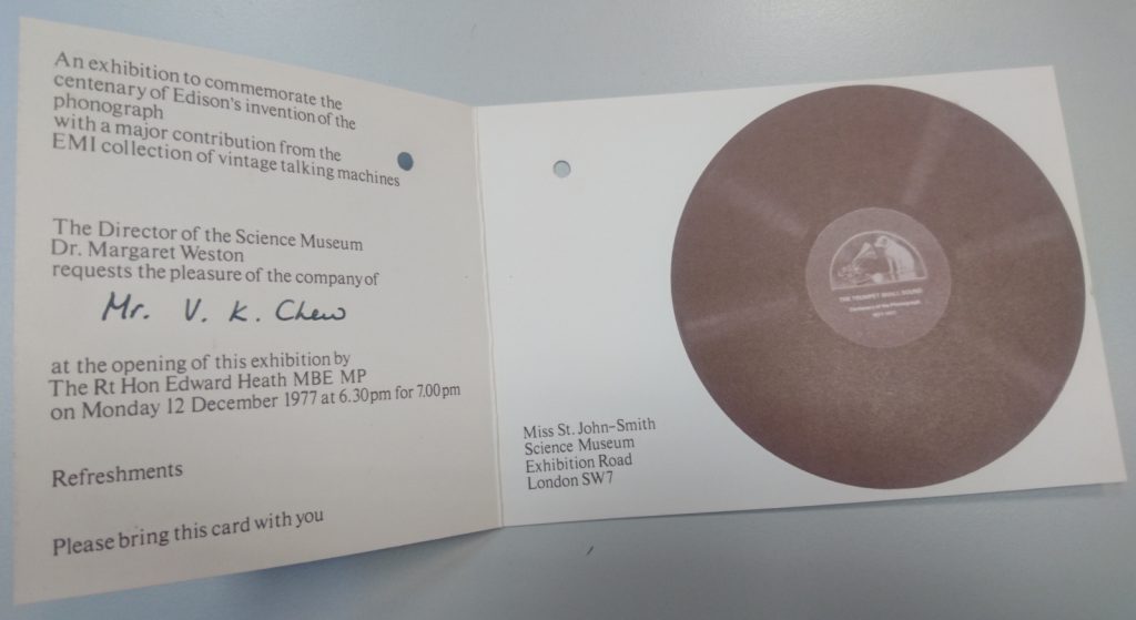 Colour photograph of an invitation to the opening of an exhibition at the Science Museum in 1977 commemorating the invention of Edisons phonograph