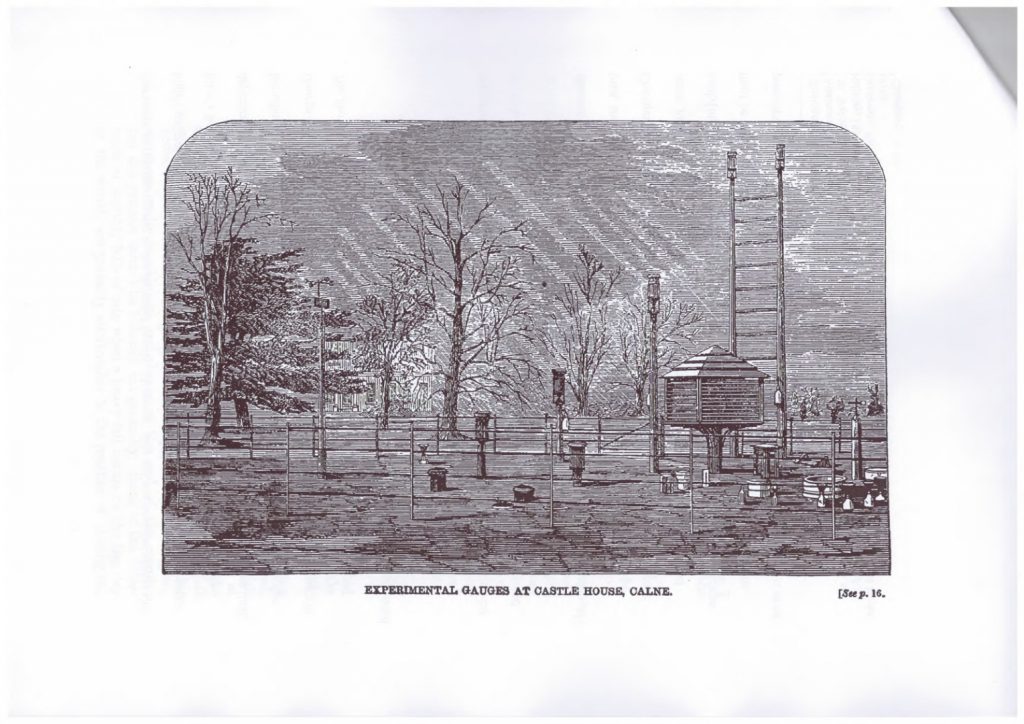 A black and white engraving of a scene showing a number of experimental rain gauges set in the grounds of a manor house