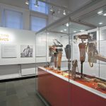 Colour photograph of a display case in an exhibition containing prosthetic limbs